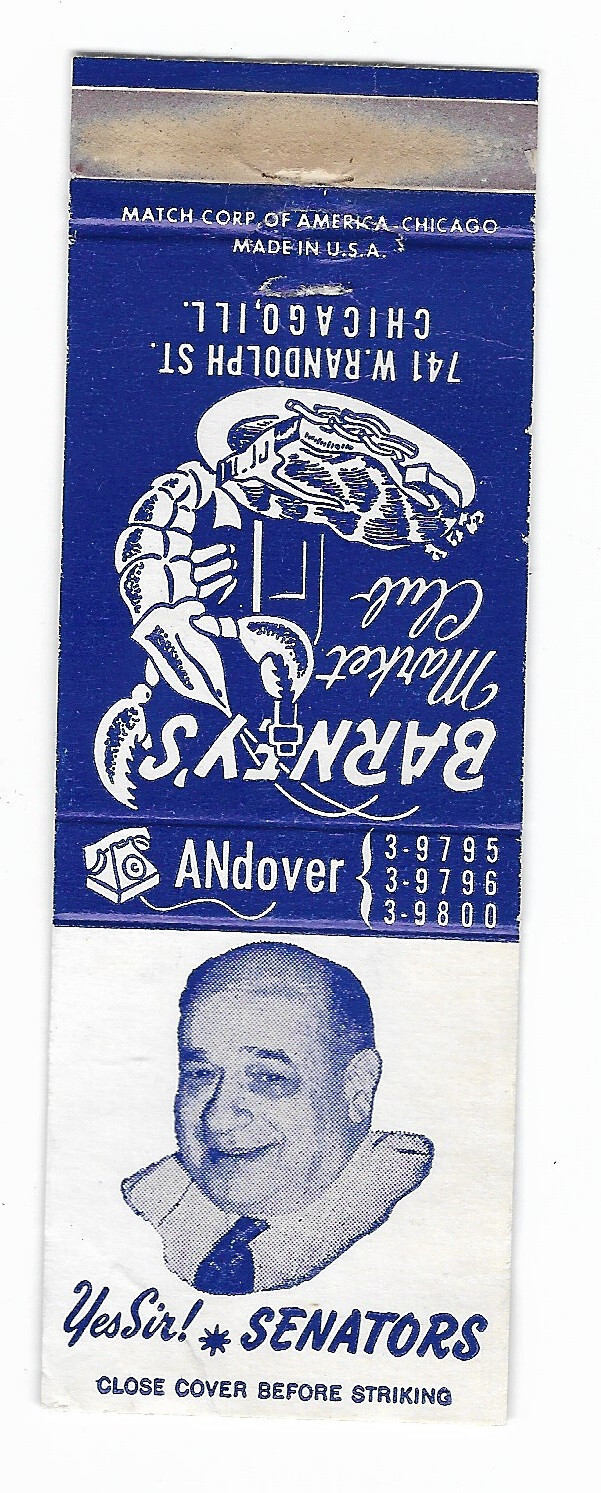 Vintage Matchbook ~ BARNEY’S MARKET CLUB ~ Chicago, Illinois ~ Yes Sir! Senators