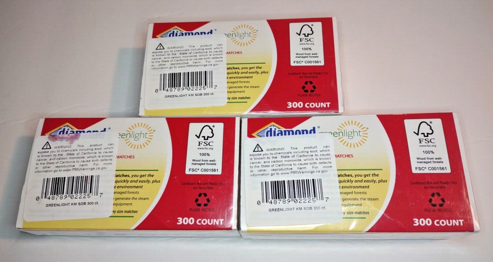 *3 BOXES* Diamond Strike On Box LG Matches, Green Tip (300 per box, 900 Total)