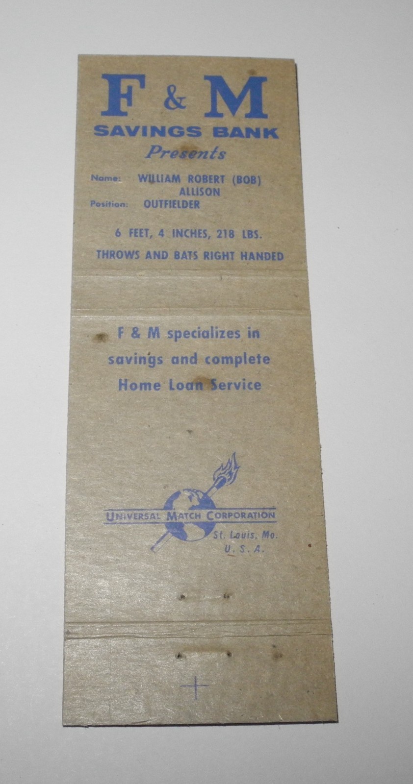Vintage 1961 Baseball Bob Allison Minnesota Twins Souvenir Matchbook Match