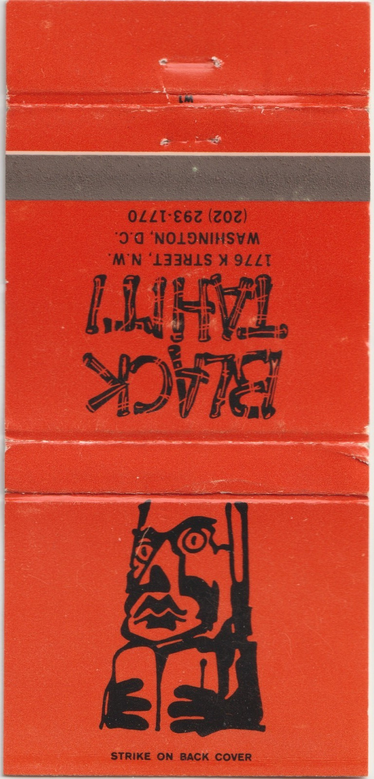 Black Tahiti WASHINGTON, DC. Vintage 30 Stick Tiki Matchbook Cover