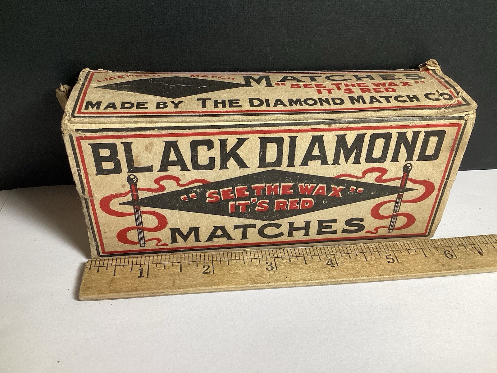 “RARE” BLACK DIAMOND MATCHES CARDBOARD MATCH BOX “SEE THE WAX IT’S RED”