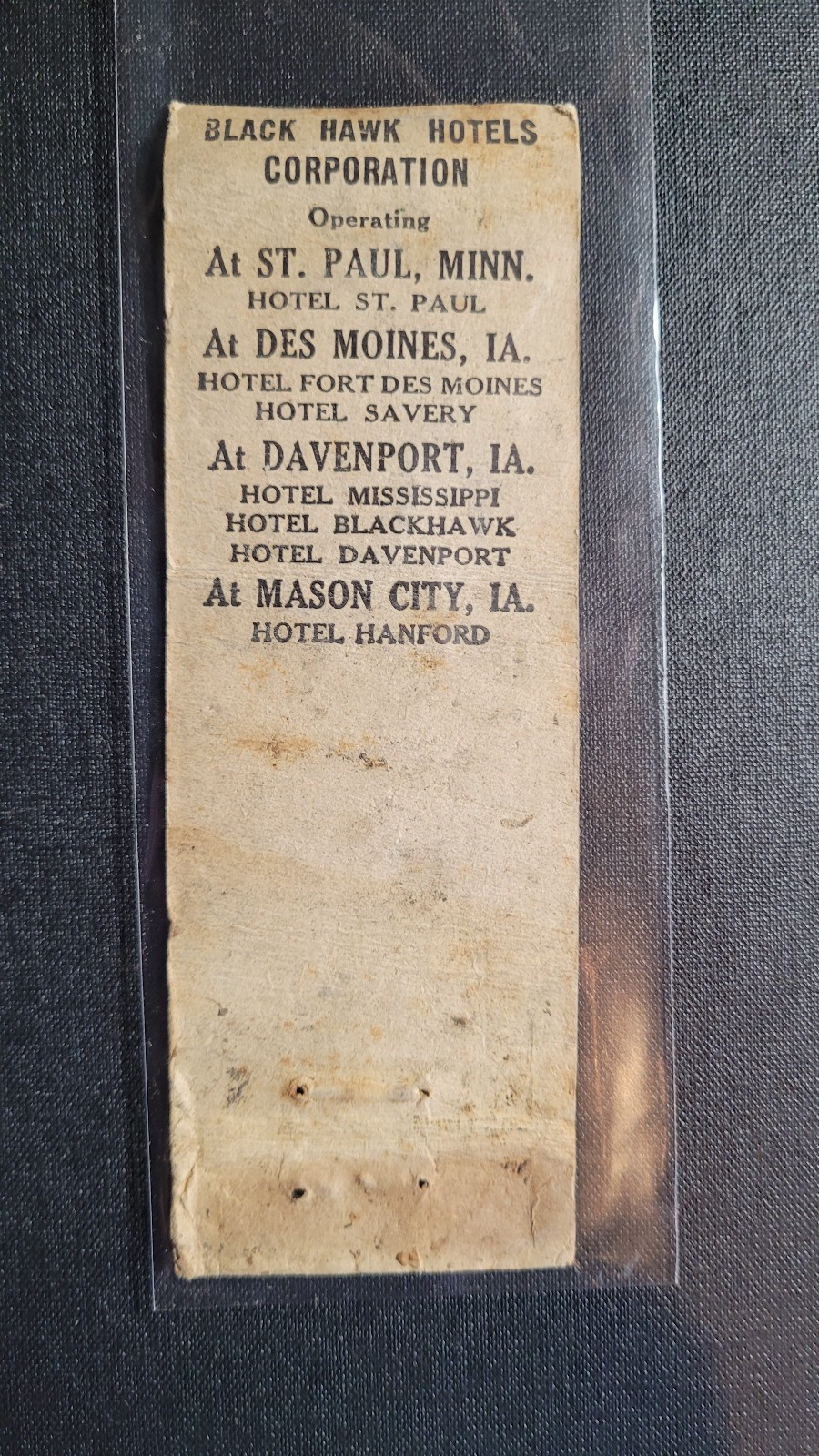 1920-30s Black Hawk Hotel Corp. “Diamond Quality” Matchbook MatchCover