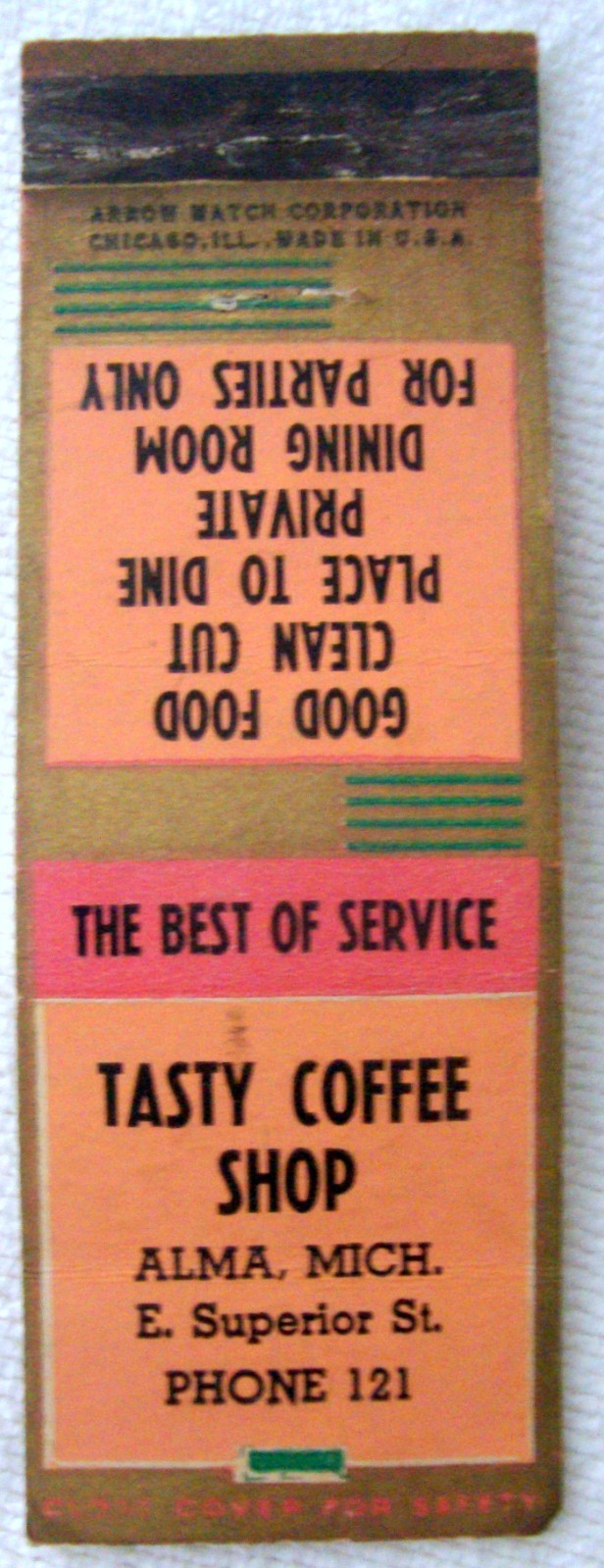 TASTY COFFEE SHOP ALMA MICHIGAN LOW PHONE NO 121 VINTAGE MATCHBOOK COVER