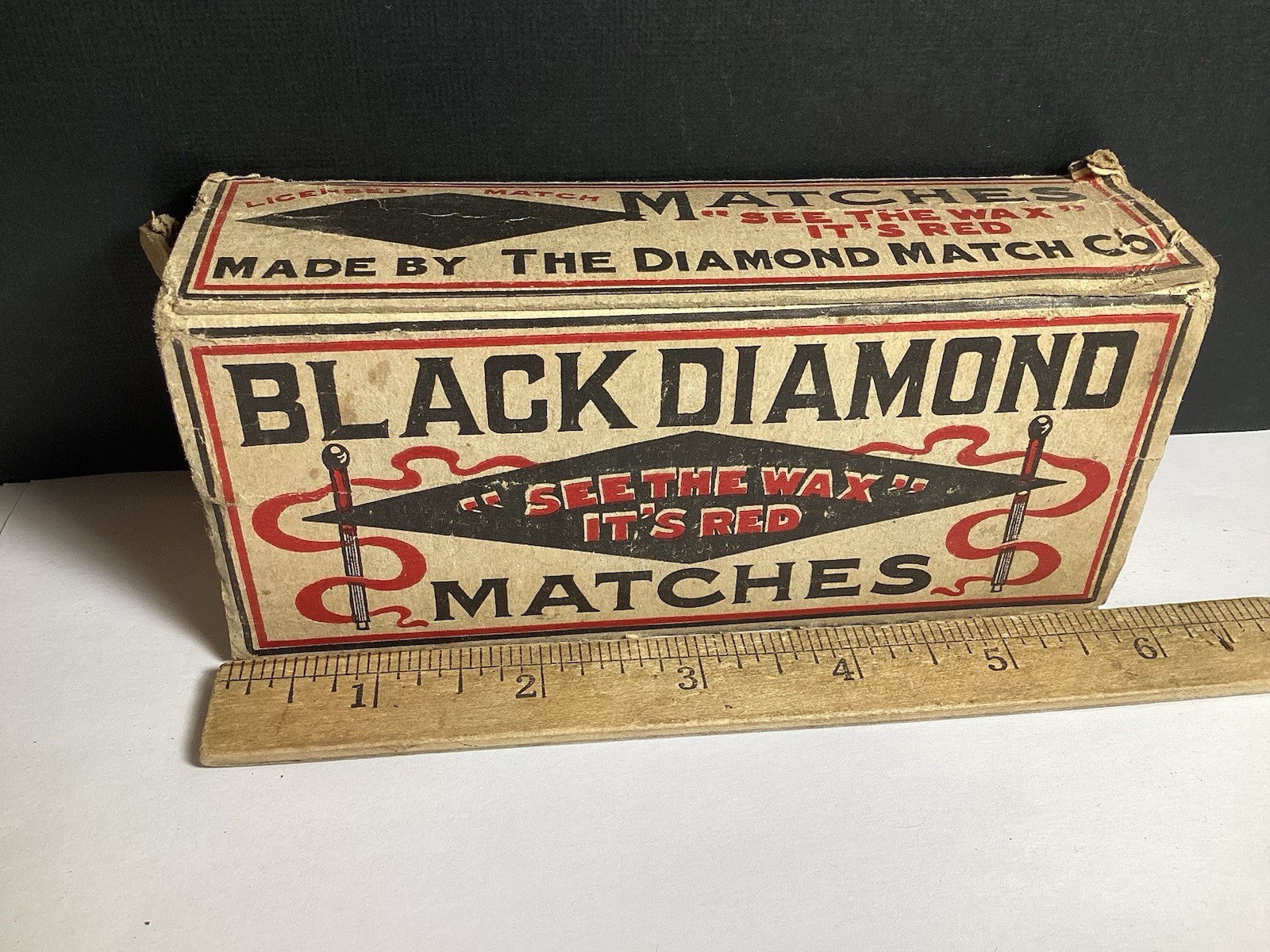 “RARE” BLACK DIAMOND MATCHES CARDBOARD MATCH BOX “SEE THE WAX IT’S RED”