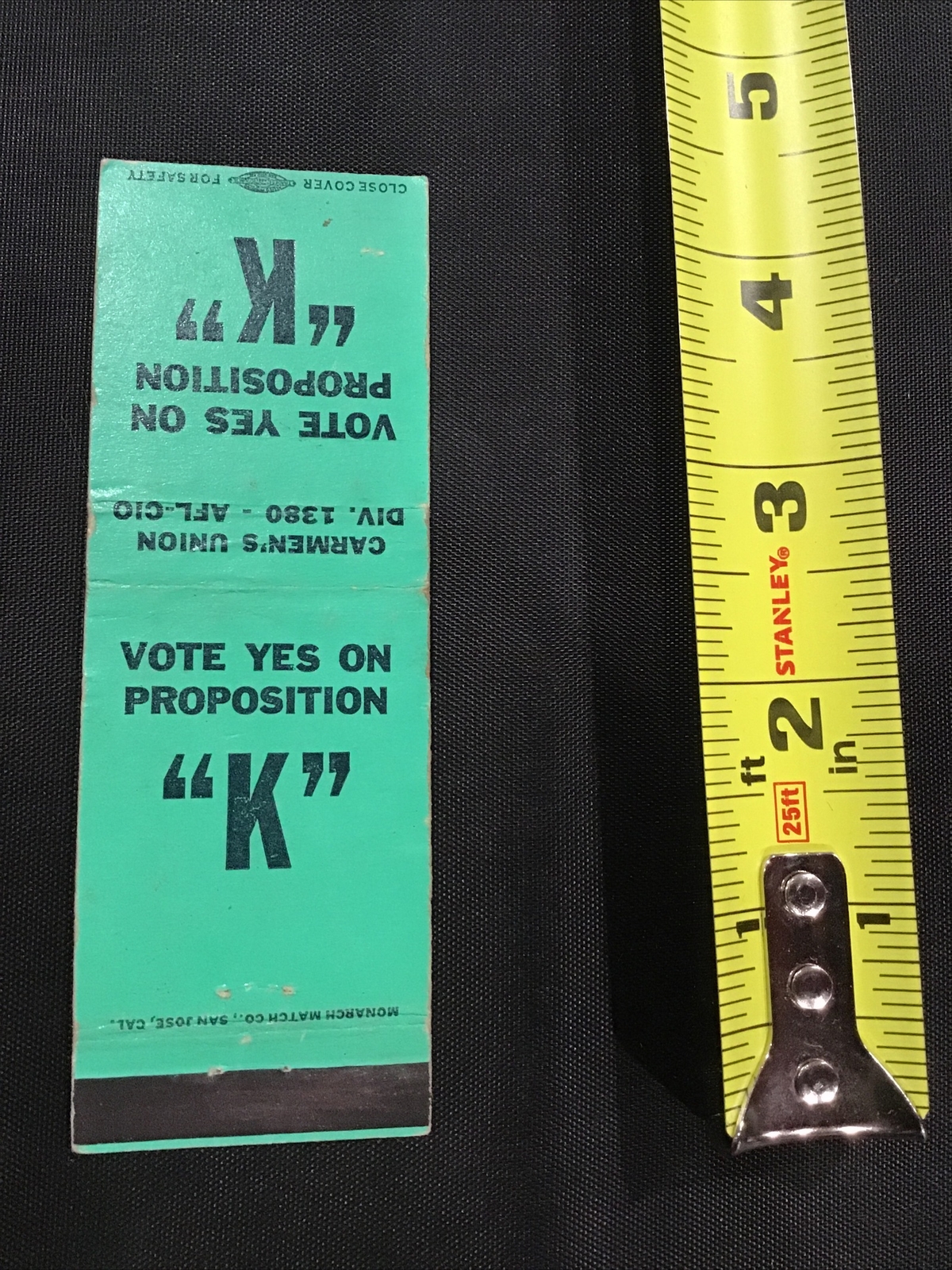 Carmen’s Union Div 1380 AFL-CIO Vote Yes Prop K Ad Matchbook Cover