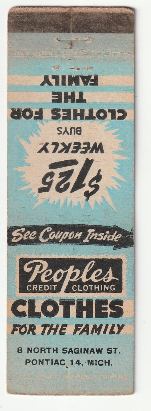 MATCHBOOK COVER – PEOPLES CREDIT CLOTHING – PONTIAC MICHIGAN – $1.25 A WEEK