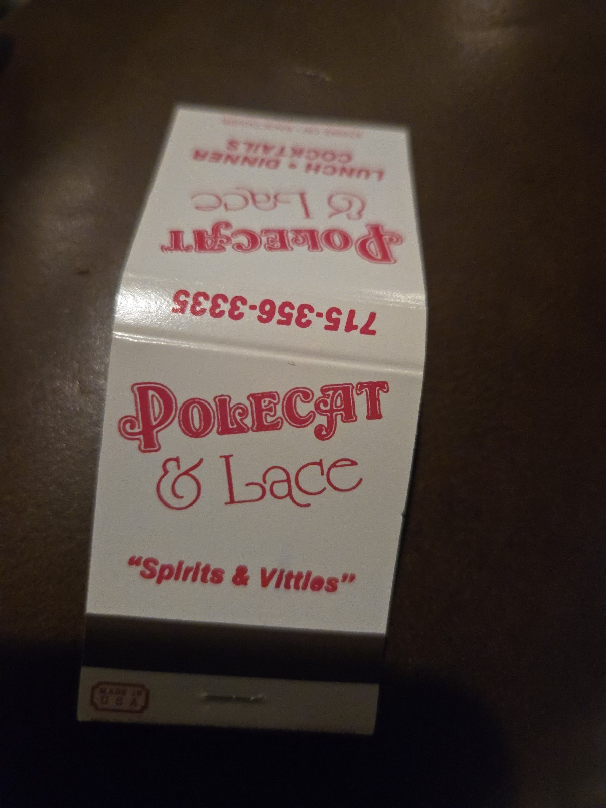 Vintage Polecat & Lace Matchbook Minocqua Wisconsin