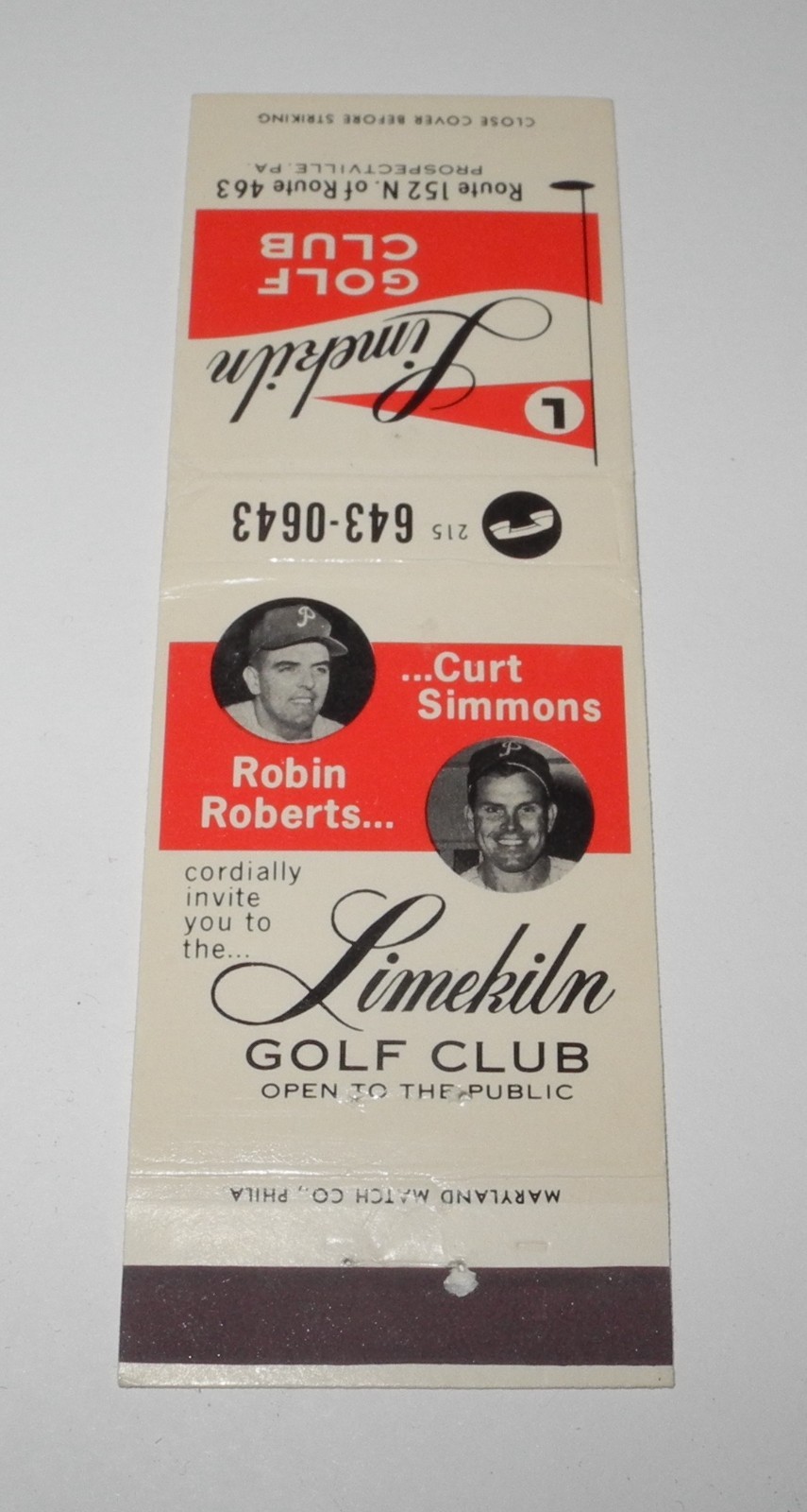 Vintage Baseball Robin Roberts Curt Simmons Souvenir Pin Matchbook Match