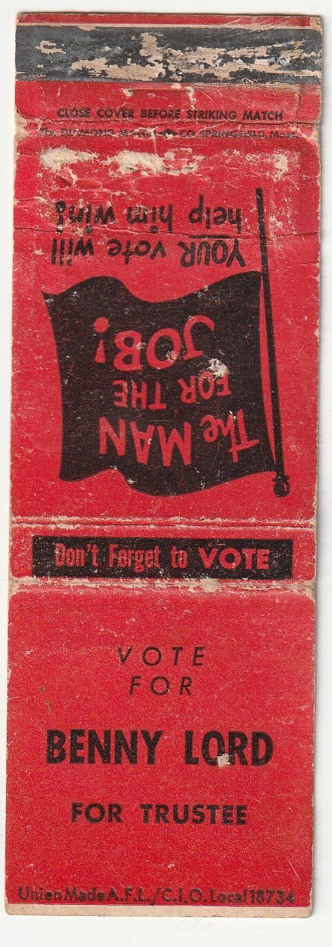 MATCHBOOK COVER – VOTE BENNY LORD – TRUSTEE – POLITICAL
