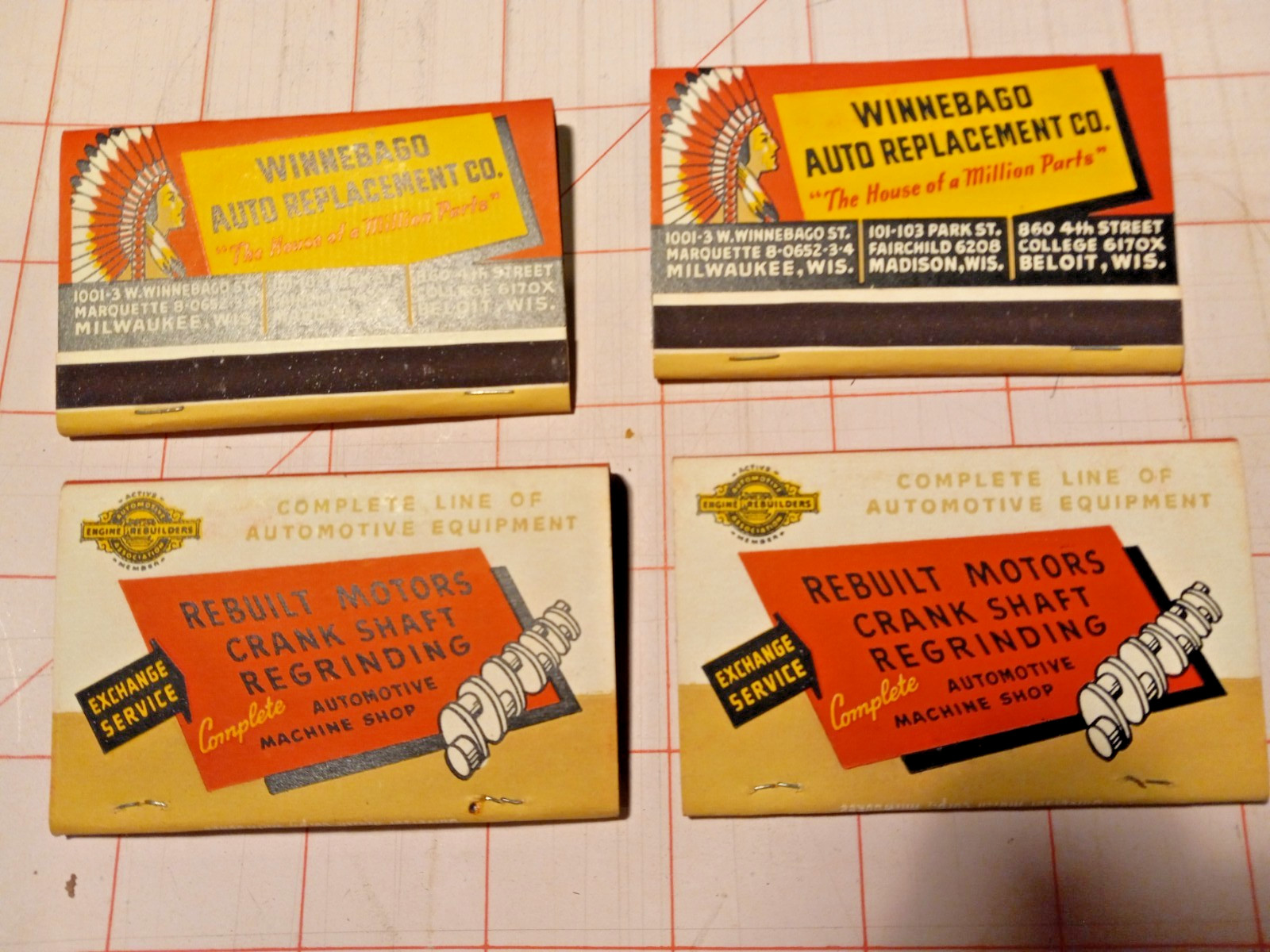 WB442 Matchbook Cover Wide Winnebago Auto Replacement Co Milwaukee Madison WI