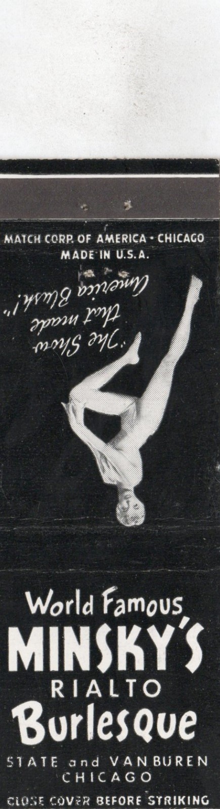 Vintage Matchcover World Famous Minskys Rialto Burlesque Chiago