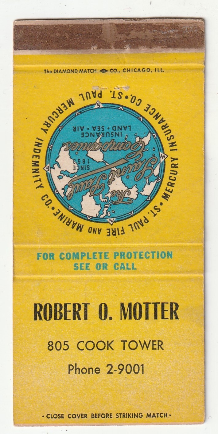 MATCHBOOK COVER – MERCURY INSURANCE – ROBERT O. MOTTER – SAINT PAUL MINNESOTA