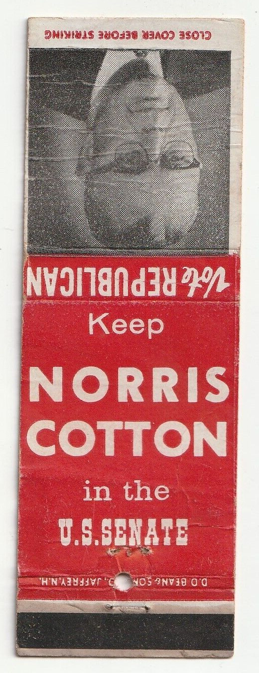 MATCHBOOK COVER VOTE NORRIS COTTON UNITED STATES SENATE NEW HAMPSHIRE SENATOR