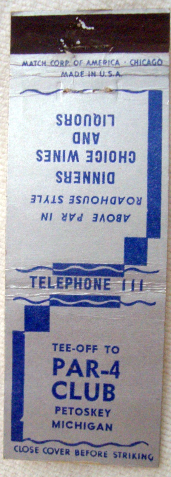 PAR-4 CLUB PETOSKEY MICHIGAN LOW PHONE NO 111 VINTAGE MATCHBOOK COVER