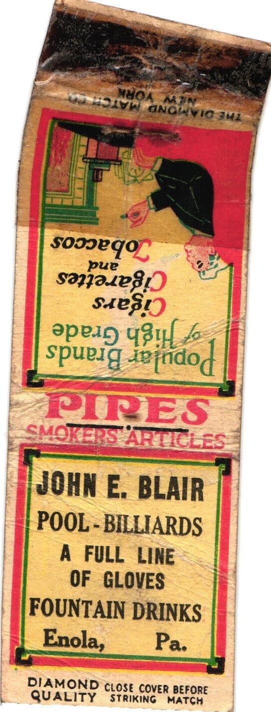 John E. Blair Enola PA Pool Billiards Vintage Matchbook Cover 1950s-60s