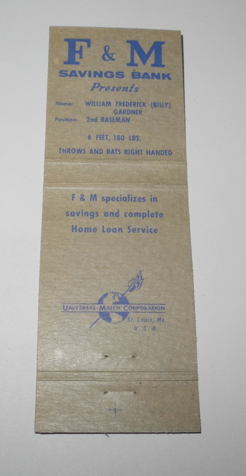 Vintage 1961 Baseball Billy Gardner Minnesota Twins Souvenir Matchbook Match