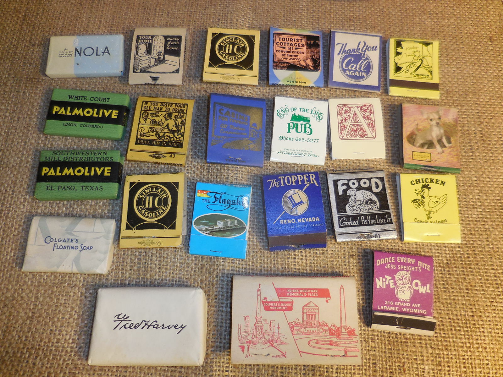 lot of Vintage Matchbox and hotel soaps,cardboard advertising case included