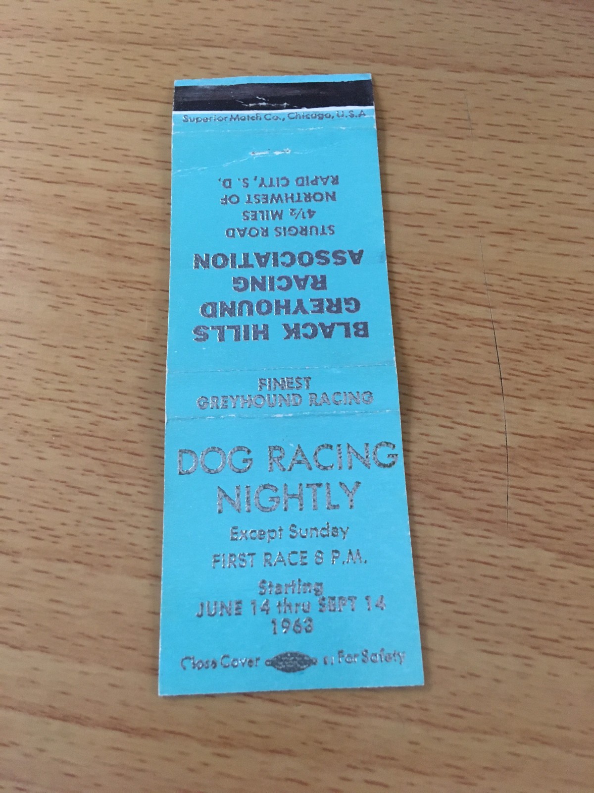 Greyhound Racing Matchbook Cover: Black Hills Dog Track in South Dakota
