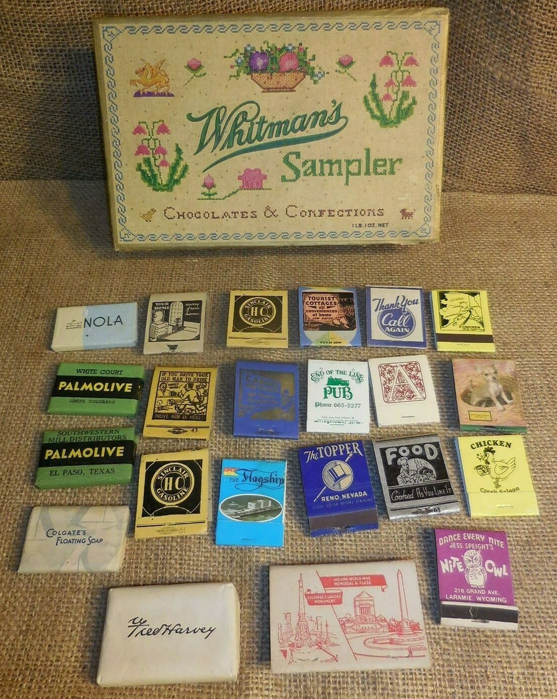lot of Vintage Matchbox and hotel soaps,cardboard advertising case included