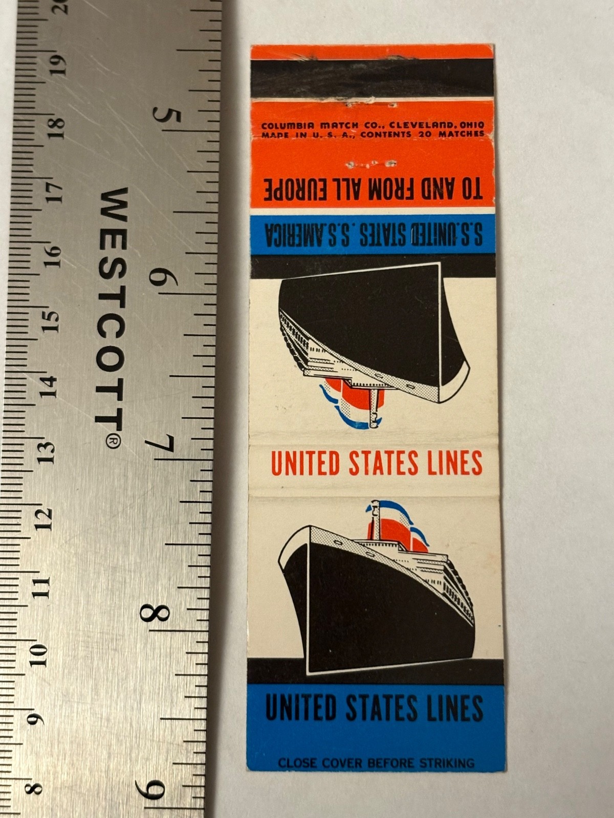 United States Lines Matchbook Cover S.S. America Europe US U.S. SS Ship Columbia