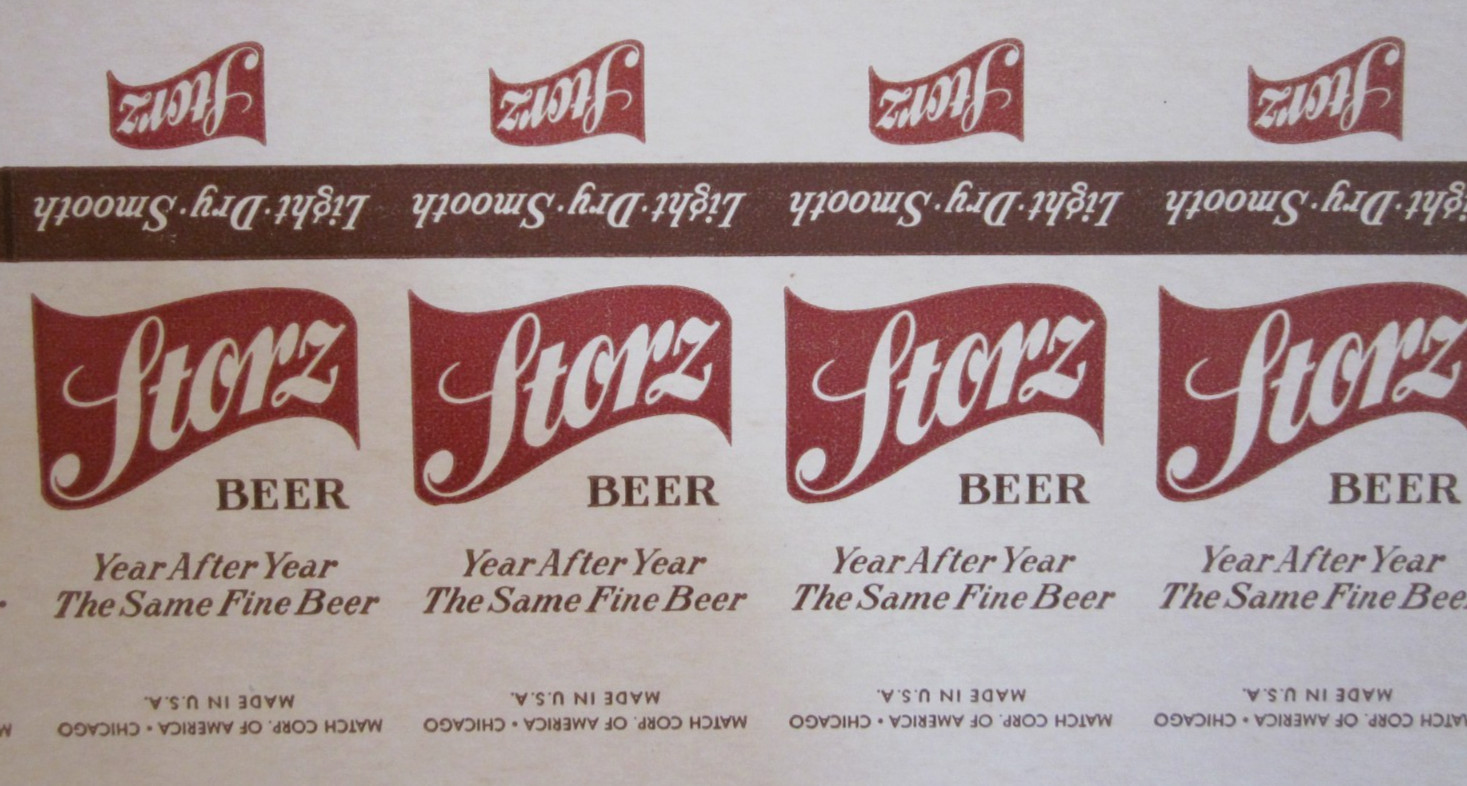 VTG STORZ BEER MATCHBOOK COVERS, CIRCA 1950’S, ON UNCUT CARDBOARD, ~9.5″ x 7.5″