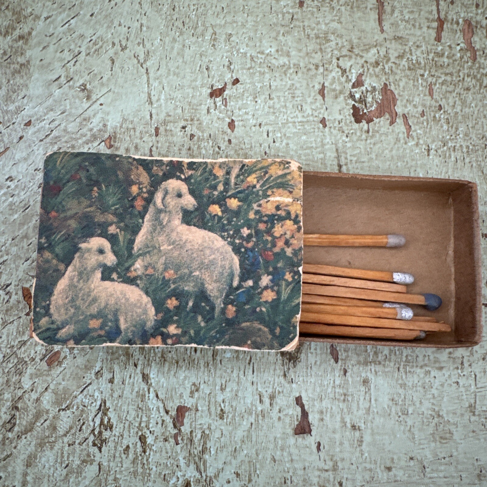 Vintage Lambs In A Flower Field Matches Cardboard Box “with Match Sticks”