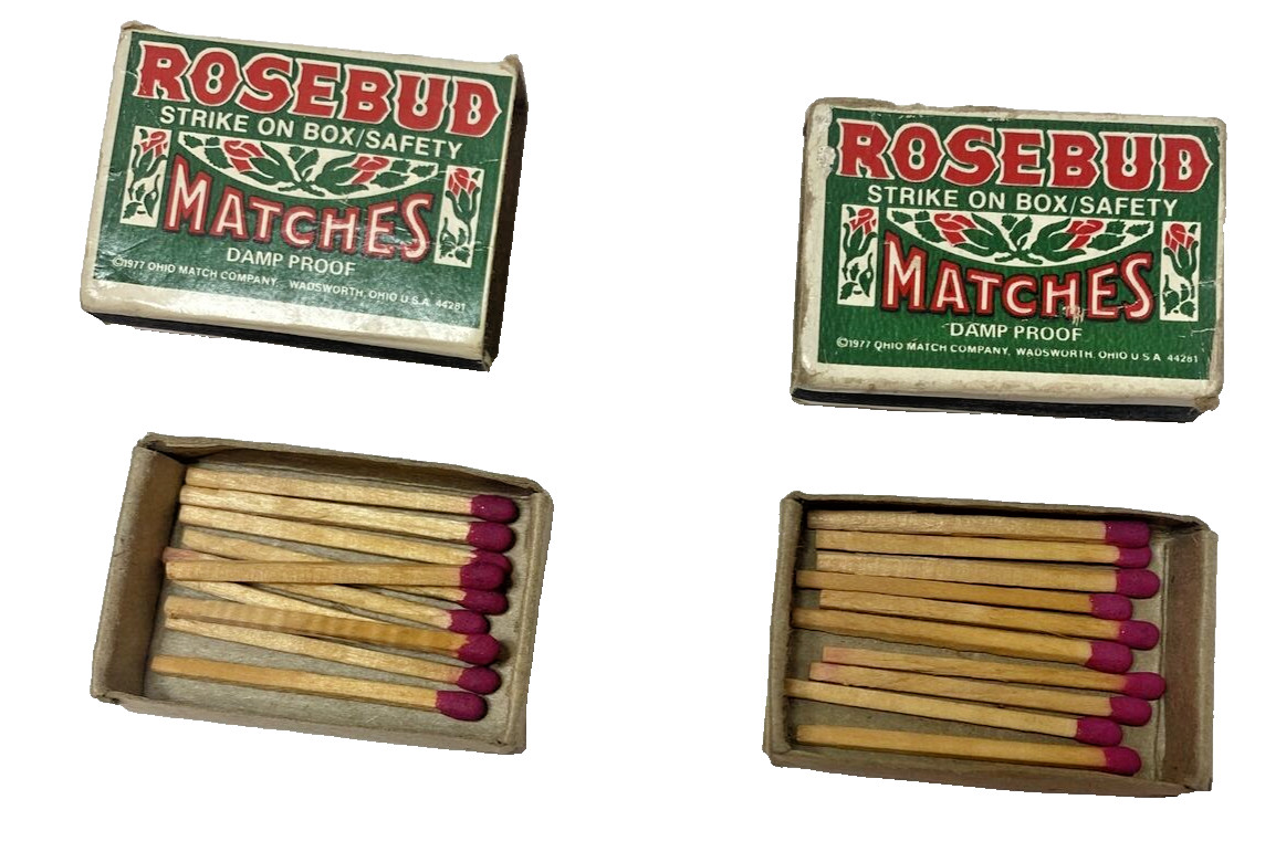 Vintage Set of 2 Rosebud Matches Cardboard Box Case Matchsticks Package – 1977