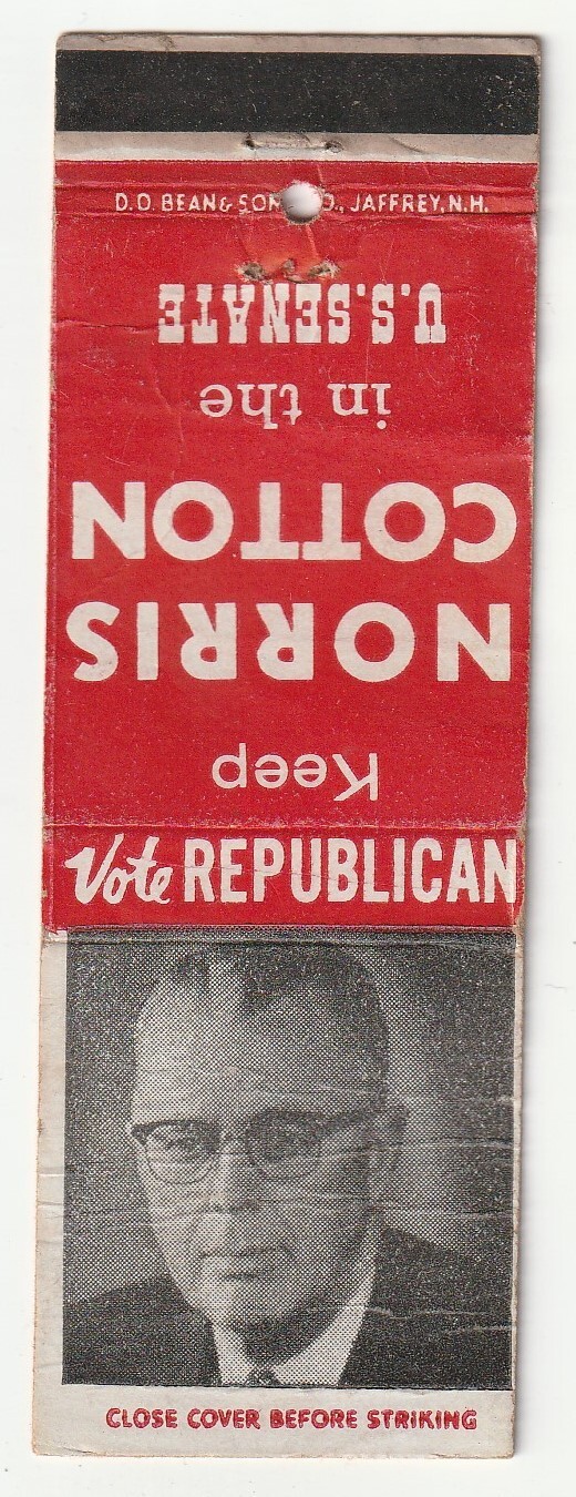 MATCHBOOK COVER VOTE NORRIS COTTON UNITED STATES SENATE NEW HAMPSHIRE SENATOR