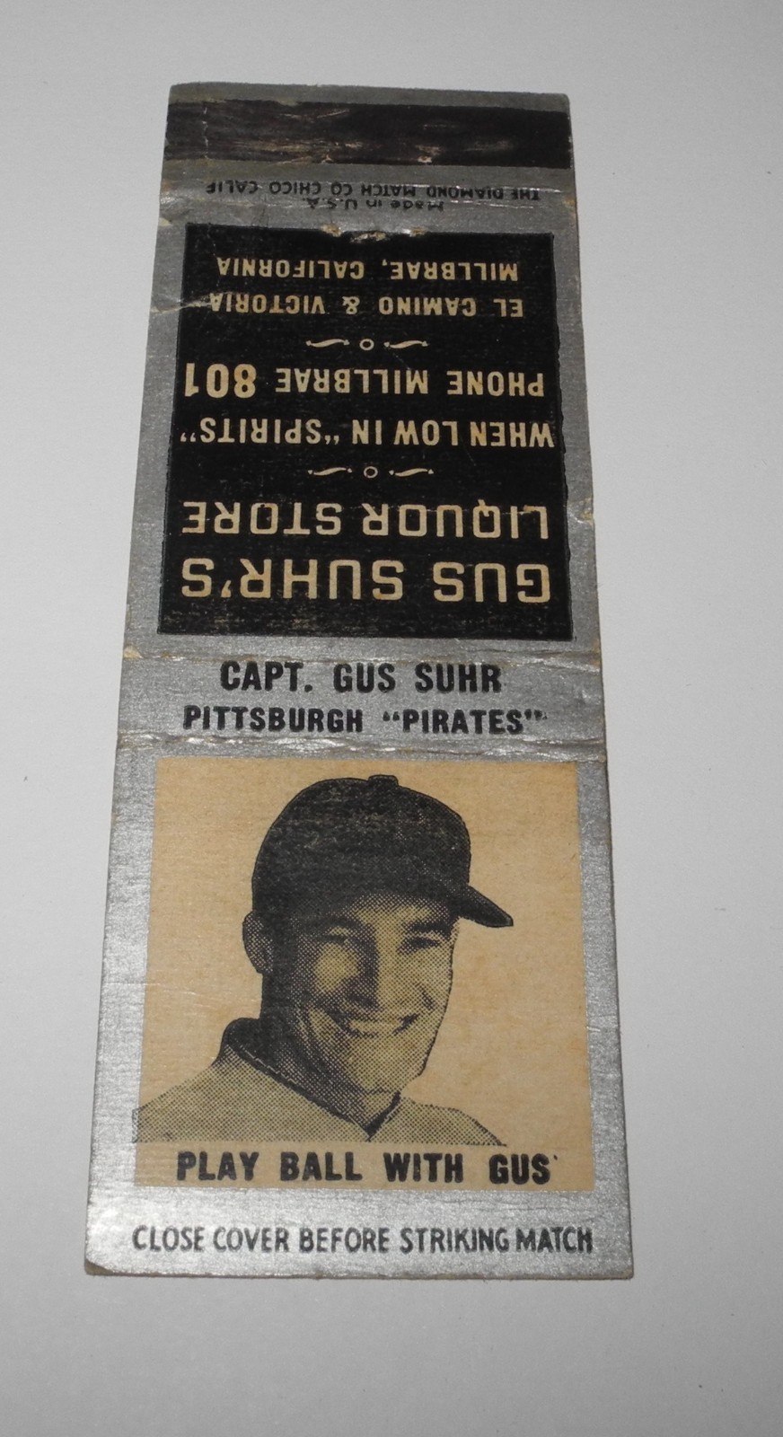 Baseball Gus Suhr Pittsburgh Pirates Liquor Store Souvenir Matchbook Match