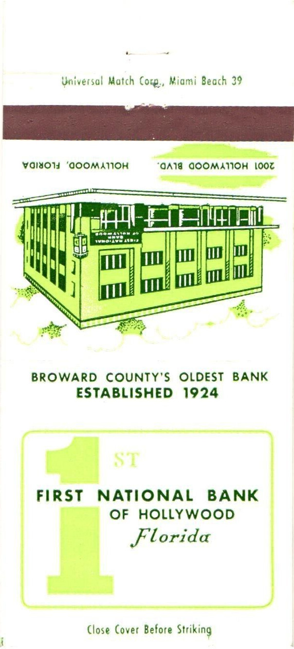 First National Bank Hollywood FL Vintage Matchbook Cover 1950s-60s