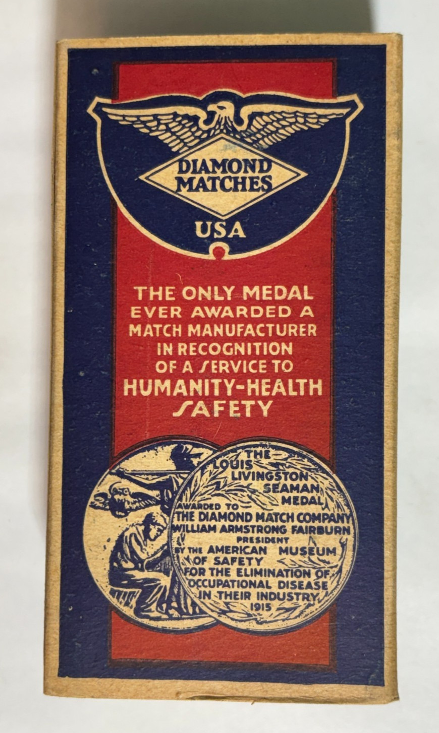 DIAMOND MATCHES USA CARDBOARD BOX, THE DIAMOND MATCH CO.*, 5″ x 2 5/8″ x 1 3/4″