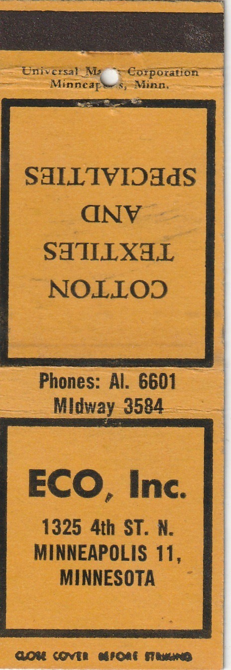 MATCHBOOK COVER – ECO INC. – MINNEAPOLIS MINNESOTA – COTTON TEXTILES – UNSTRUCK