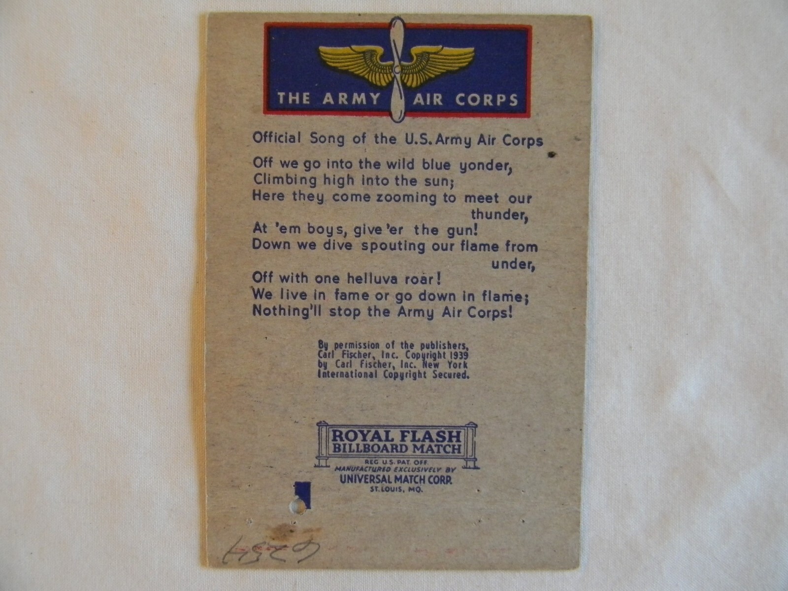 California United States Army Air Forces Corps military WWII matchbook