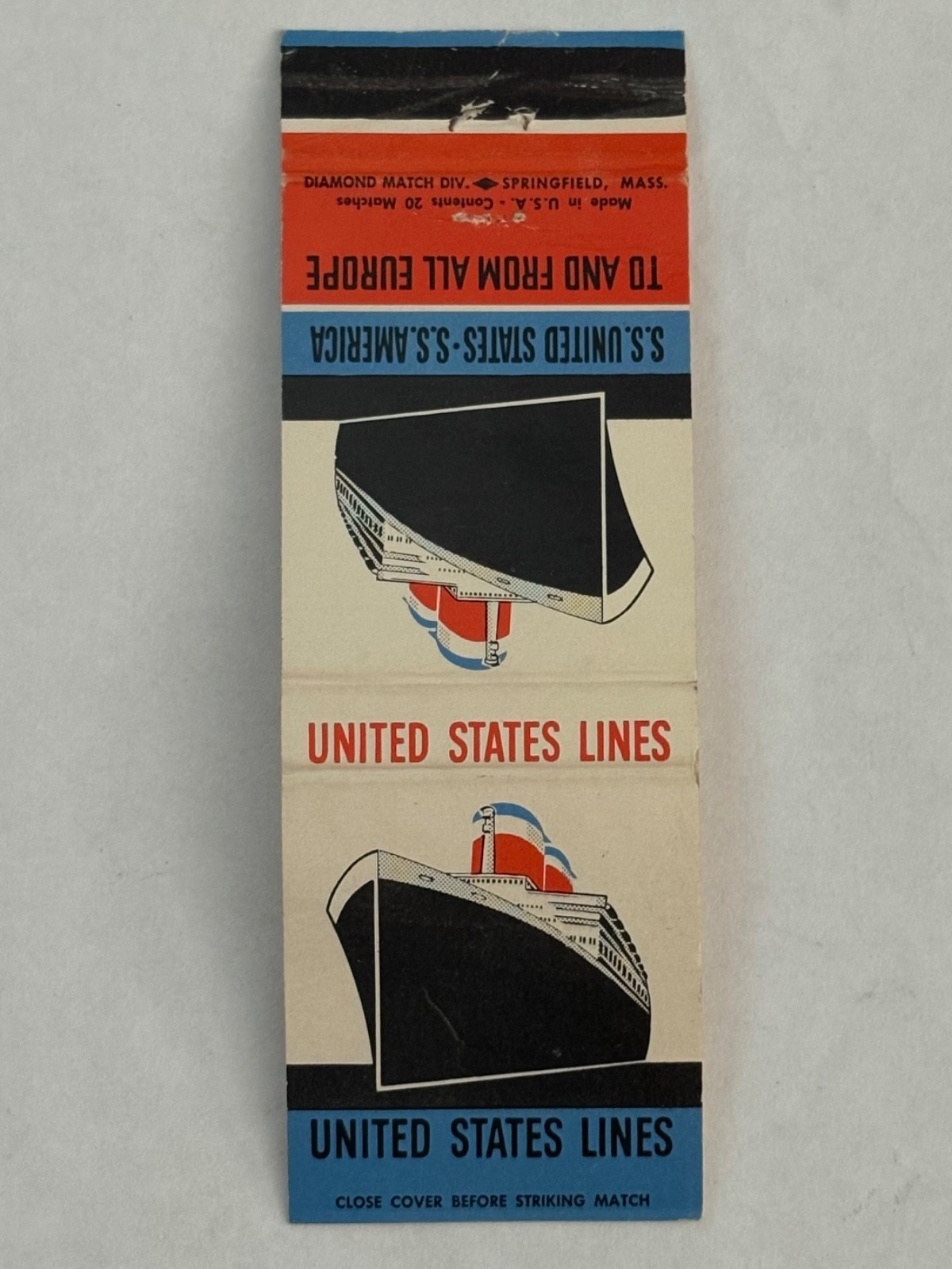 United States Lines Matchbook Cover S.S. America Europe US U.S. SS Ship Diamond