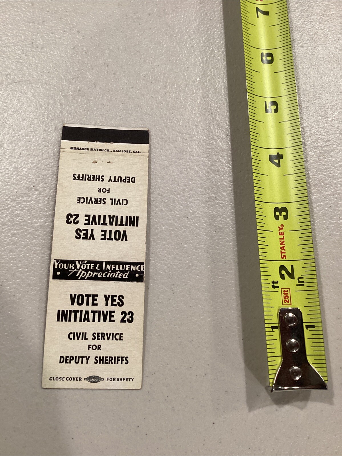 Vote Yes Initiative 23 Civil Service For Deputy Sheriffs Ad Matchbook Cover