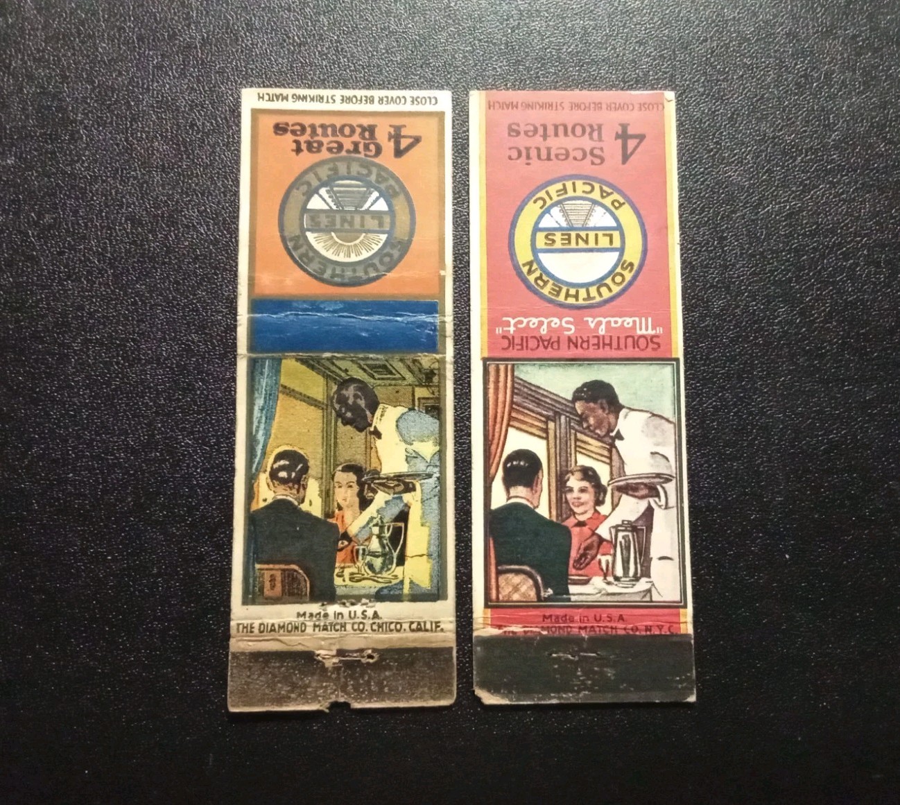Southern Pacific Lines Black Dining Railroad Car Waiter Matchcovers (2) 1940s