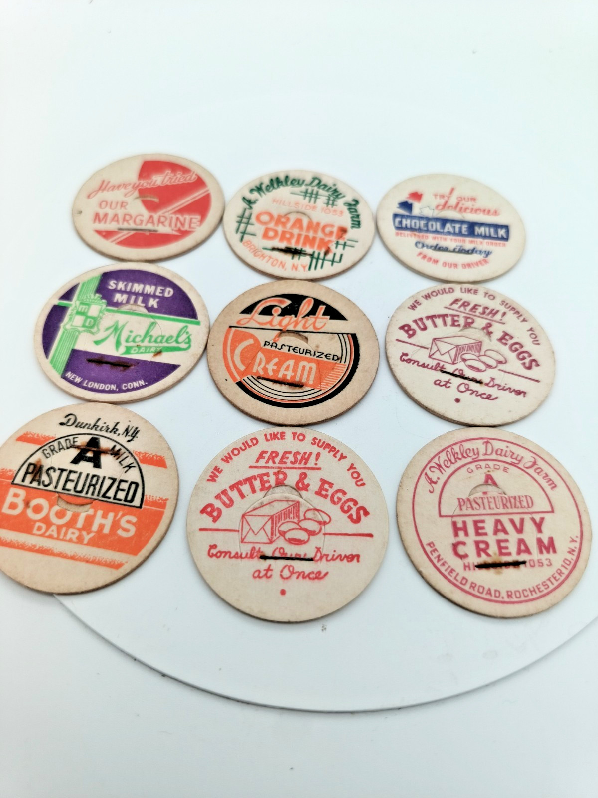 9 VINTAGE CARDBOARD MILK TOPS **VERY GOOD CONDITION**
