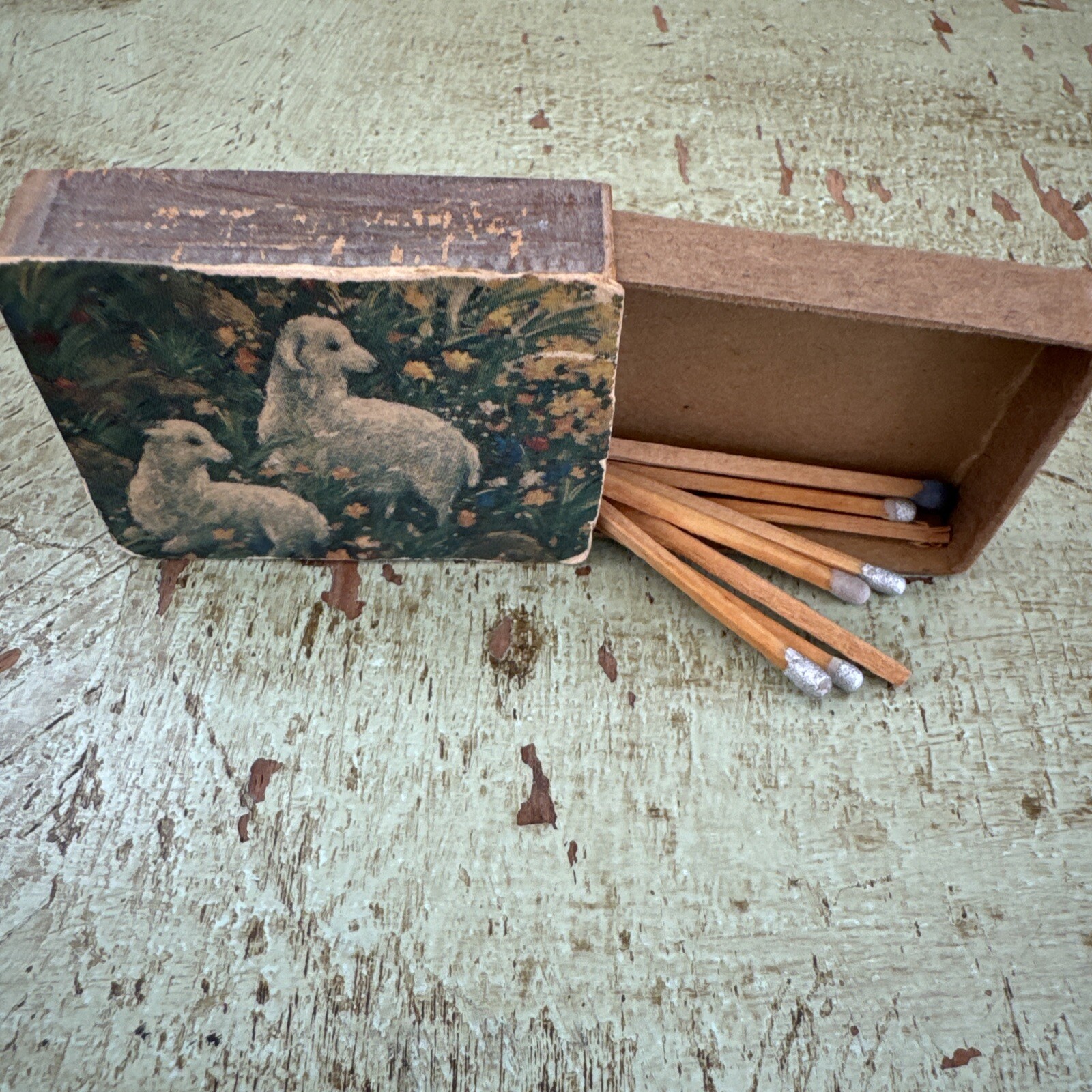 Vintage Lambs In A Flower Field Matches Cardboard Box “with Match Sticks”