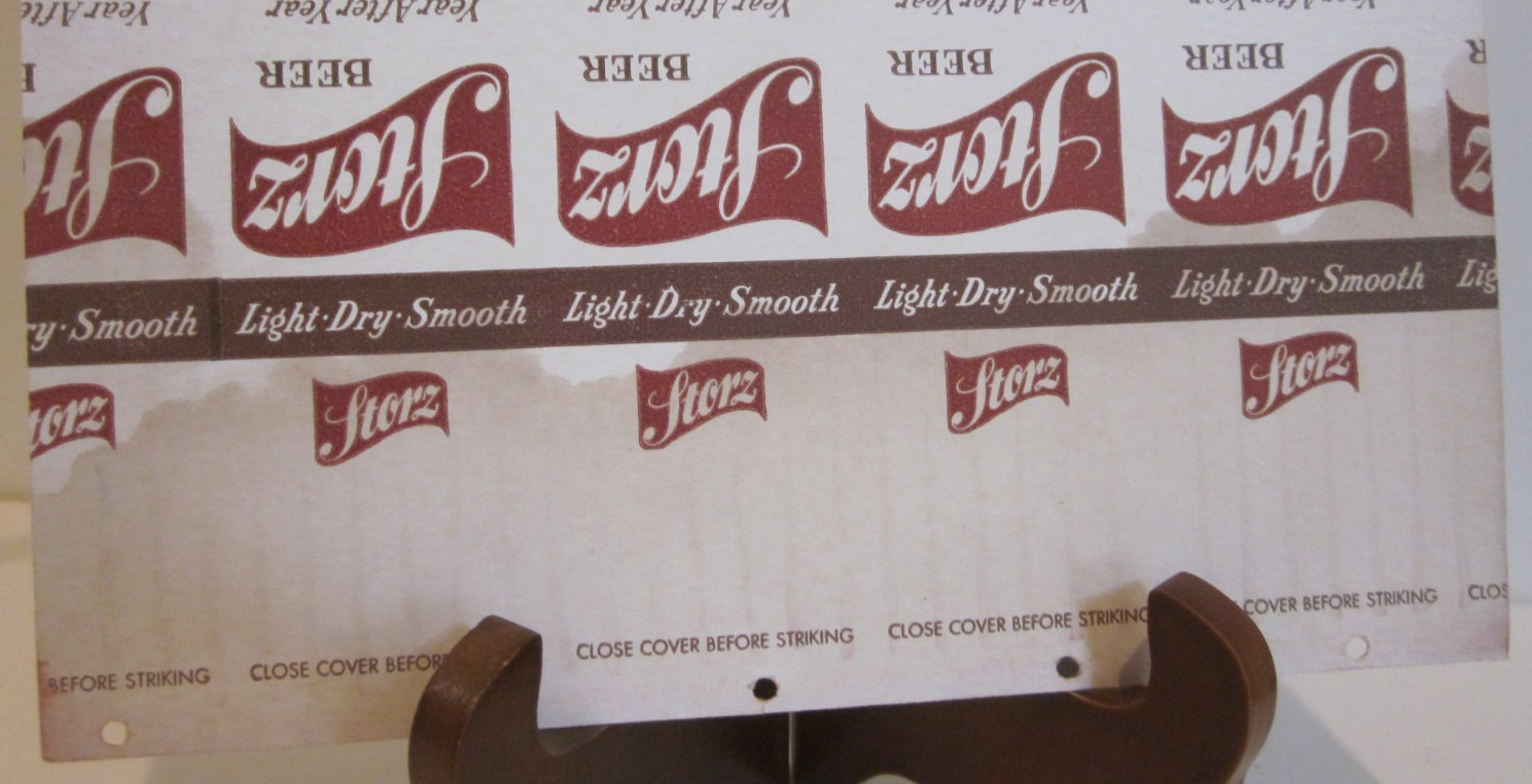 VTG STORZ BEER MATCHBOOK COVERS, CIRCA 1950’S, ON UNCUT CARDBOARD, ~9.5″ x 7.5″