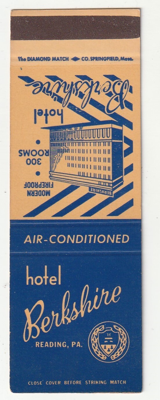 MATCHBOOK COVER – HOTEL BERKSHIRE – READING PENNSYLVANIA – NO STAPLE HOLES