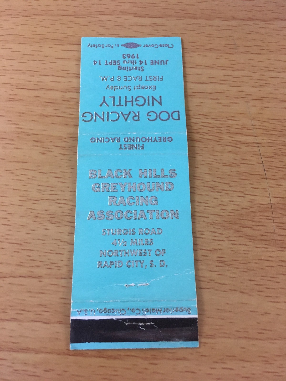 Greyhound Racing Matchbook Cover: Black Hills Dog Track in South Dakota