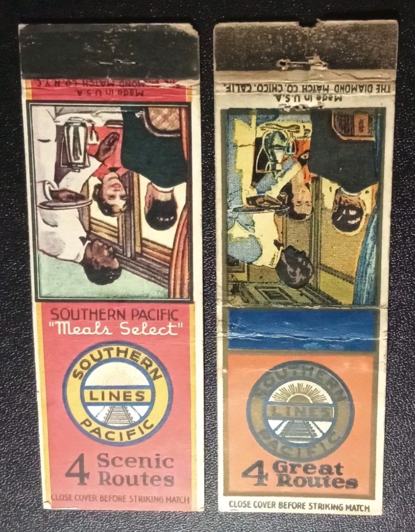 Southern Pacific Lines Black Dining Railroad Car Waiter Matchcovers (2) 1940s