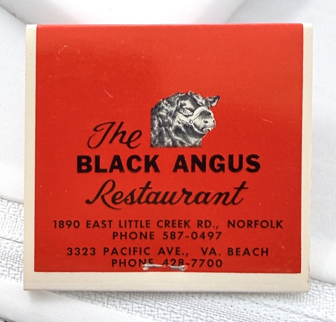The Black Angus Restaraunt Vintage Matchbook Norfolk Virginia Beach VA