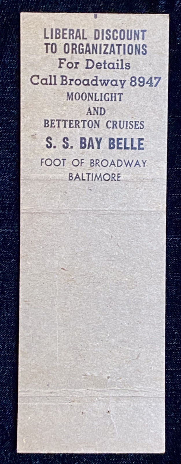 S S Bay Belle Wilson Line Baltimore MD Cruise Vtg Front Matchbook Cover B-2022