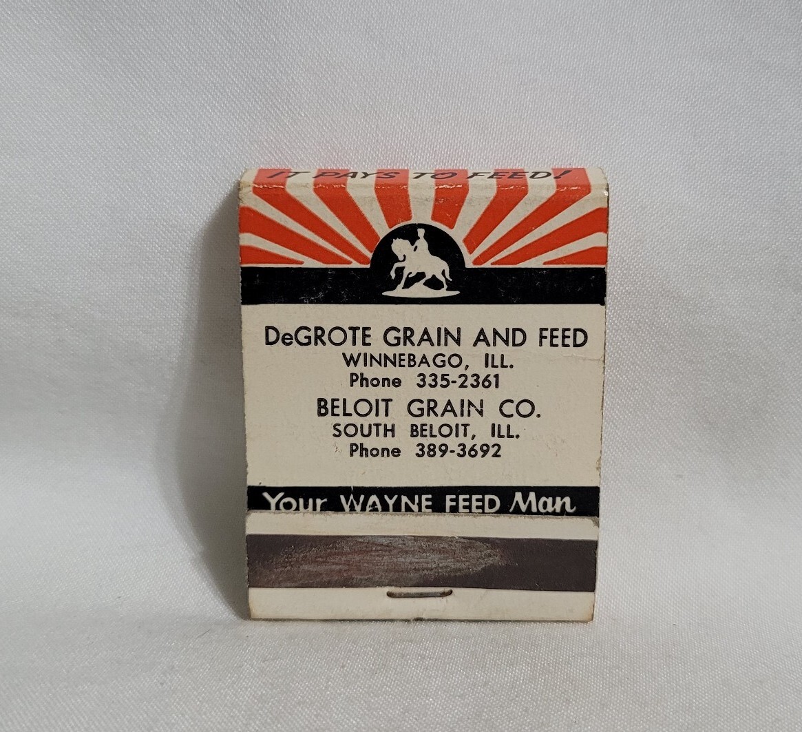 Vintage Matchbook Cover DeGrote Beloit Grain Wayne Feed Illinois Advertising