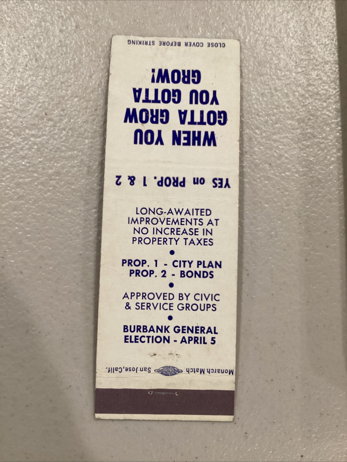 Burbank General Election Yes On Prop 1 & 2 Vote Ad Matchbook Cover