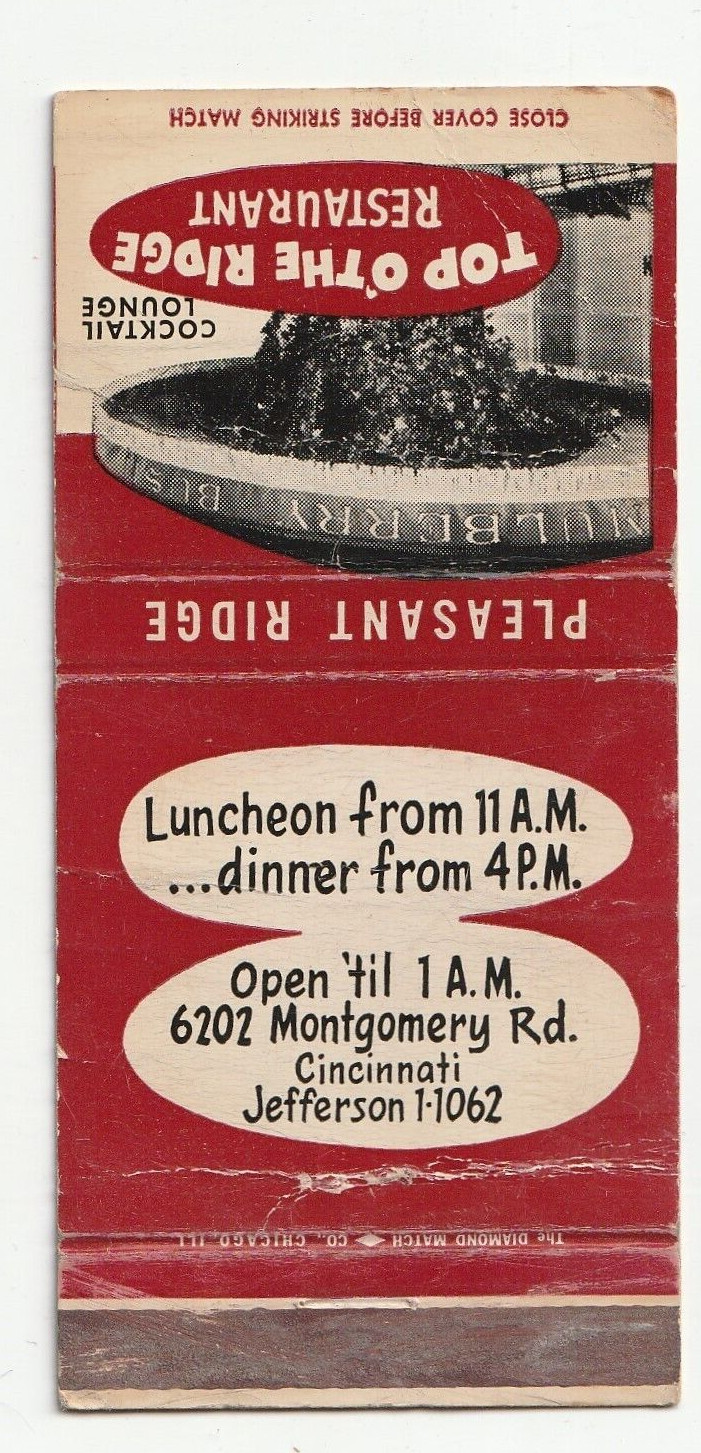 MATCHBOOK COVER TOP O’ THE RIDGE RESTAURANT CINCINNATTI OHIO – MULBERRY BUSH BAR