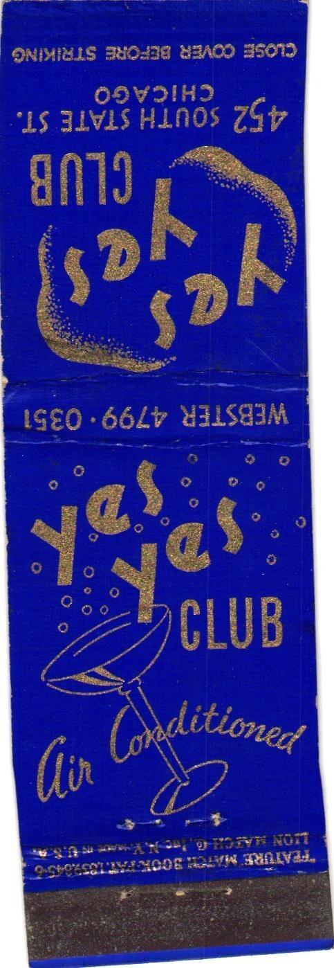 Yes Yes Club Chicago IL Vintage Matchbook Cover 1950s Nightclub