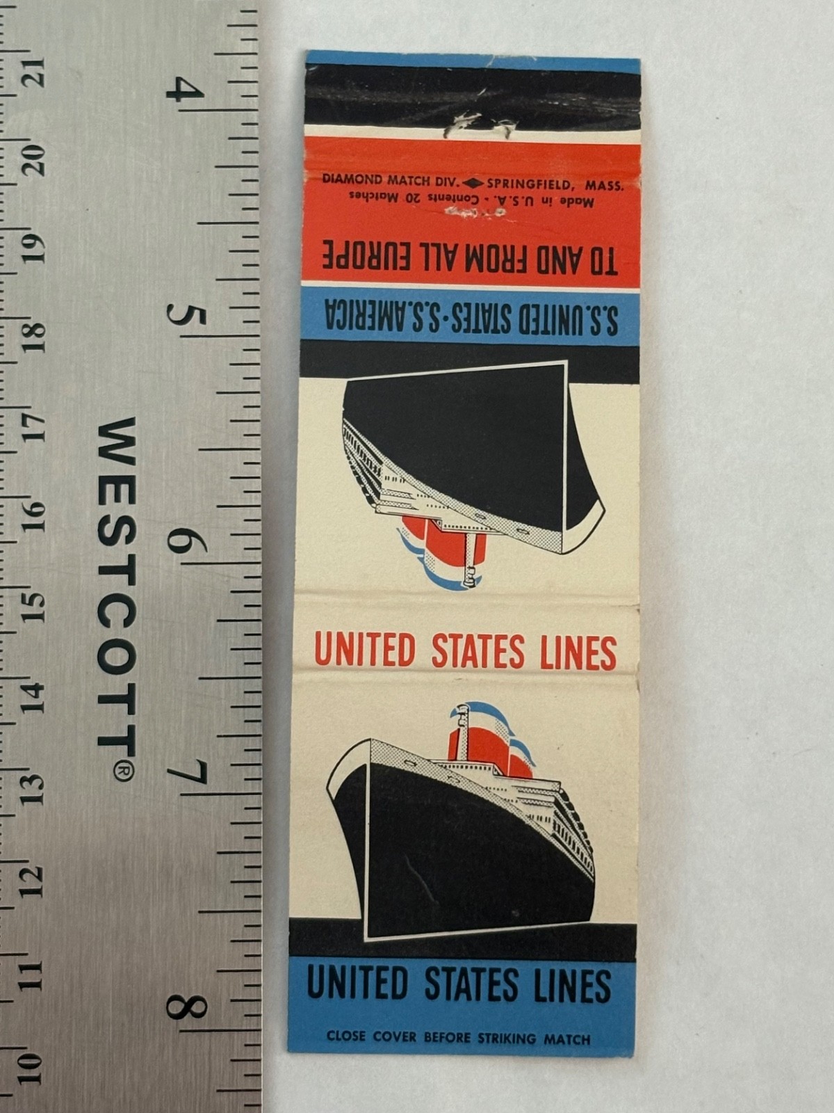 United States Lines Matchbook Cover S.S. America Europe US U.S. SS Ship Diamond