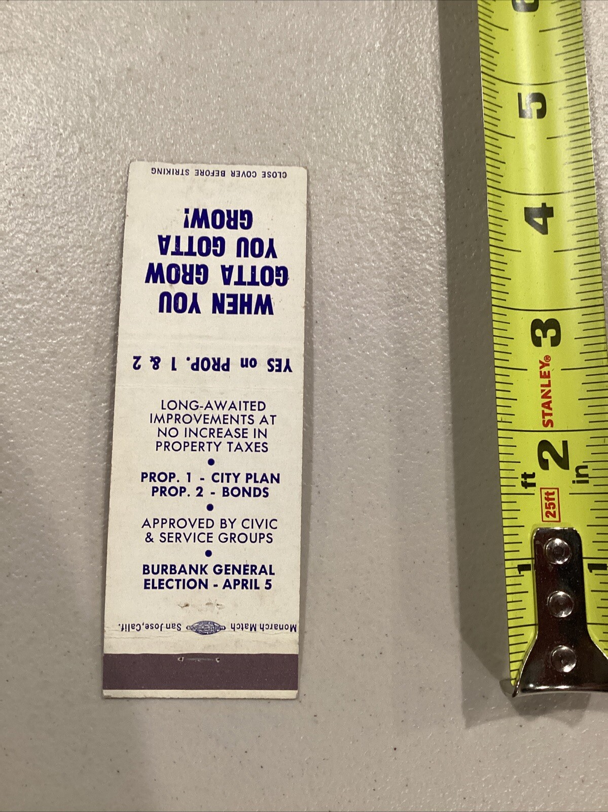 Burbank General Election Yes On Prop 1 & 2 Vote Ad Matchbook Cover